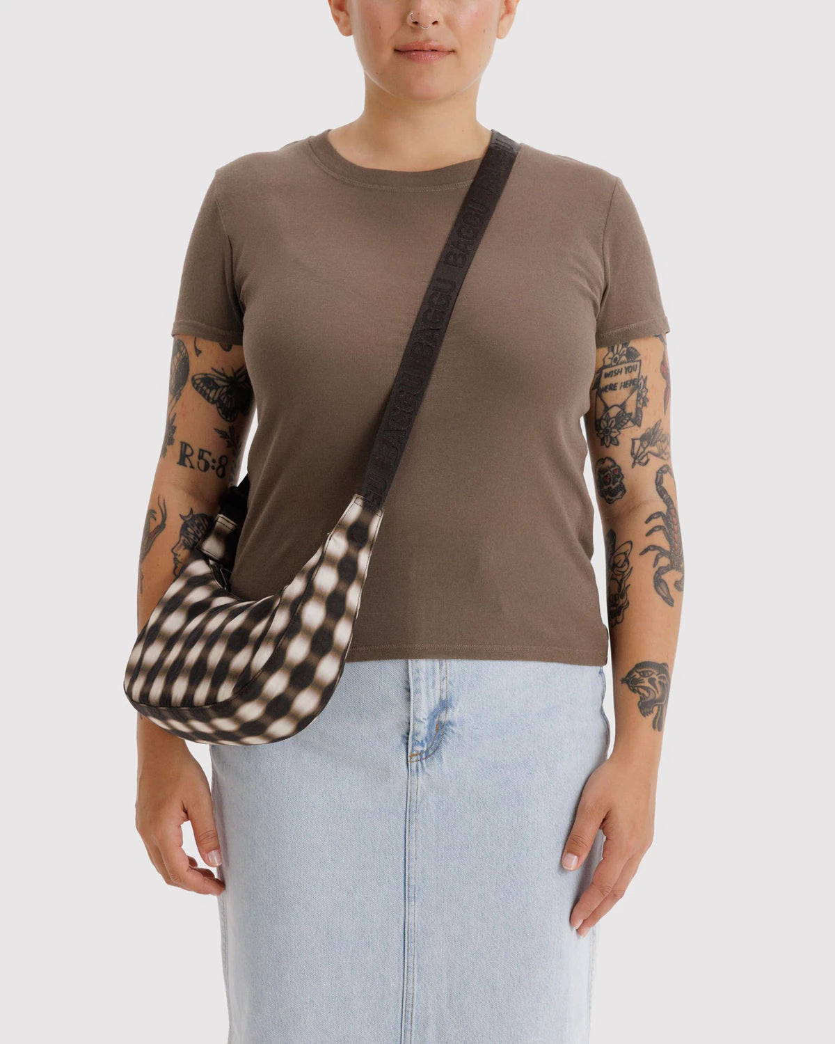 BAGGU Small Nylon Crescent Bag - Blurred Gingham Brown
