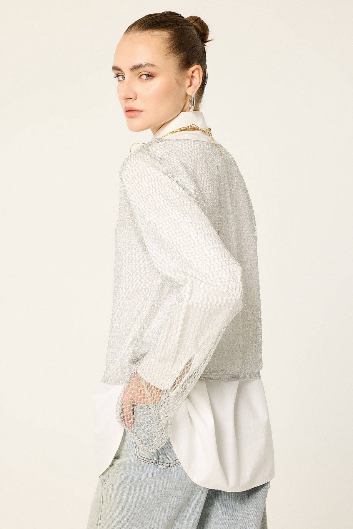 Openwork Knit Lace Blouse - Silver
