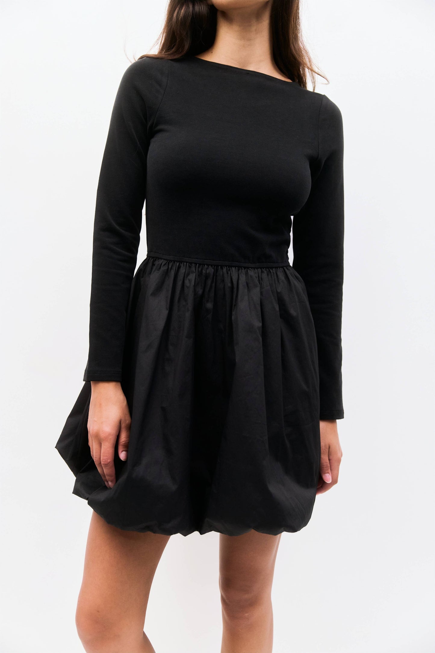 The Yasmin Dress | Long Sleeve Mini Bubble Dress: BLACK-CREAM