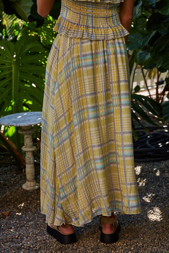 Lisa | Woven Cotton Rayon Plaid Midi Skirt: Lime Multi