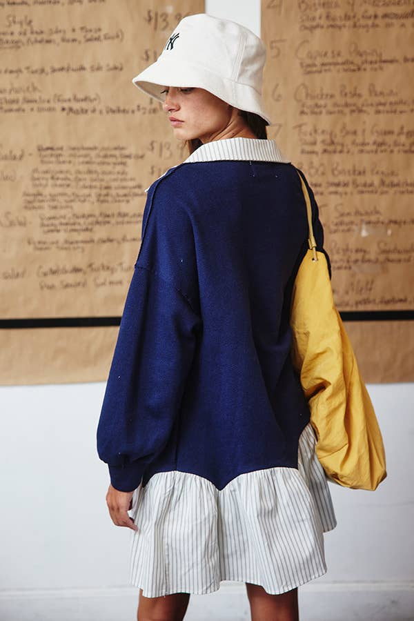 Collared Mini T-shirt Dress in Pinstripe Navy