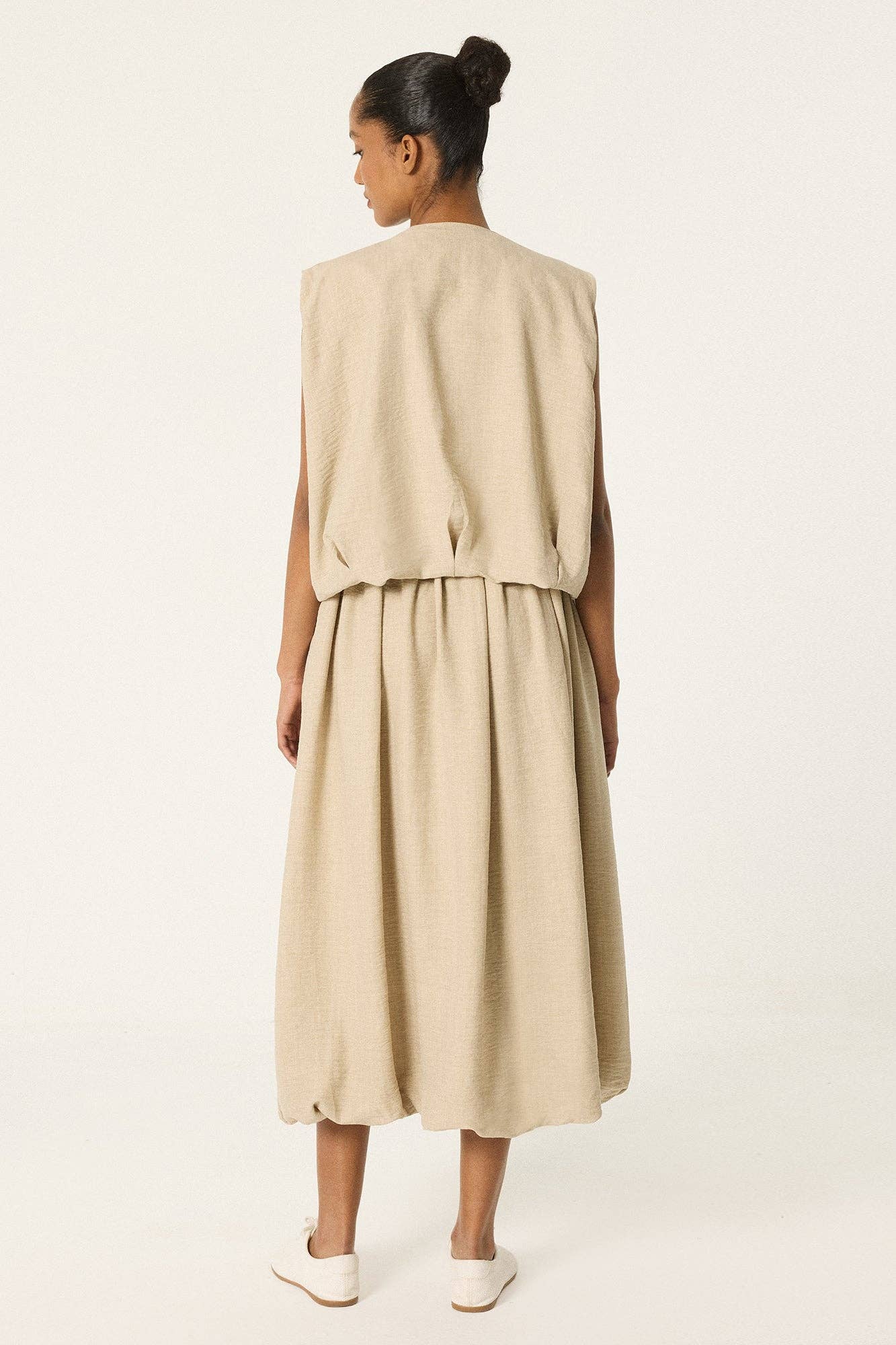 Zipper Front Vest & Maxi Skirt Set – Cotton Blend 2 Piece : Stone / M