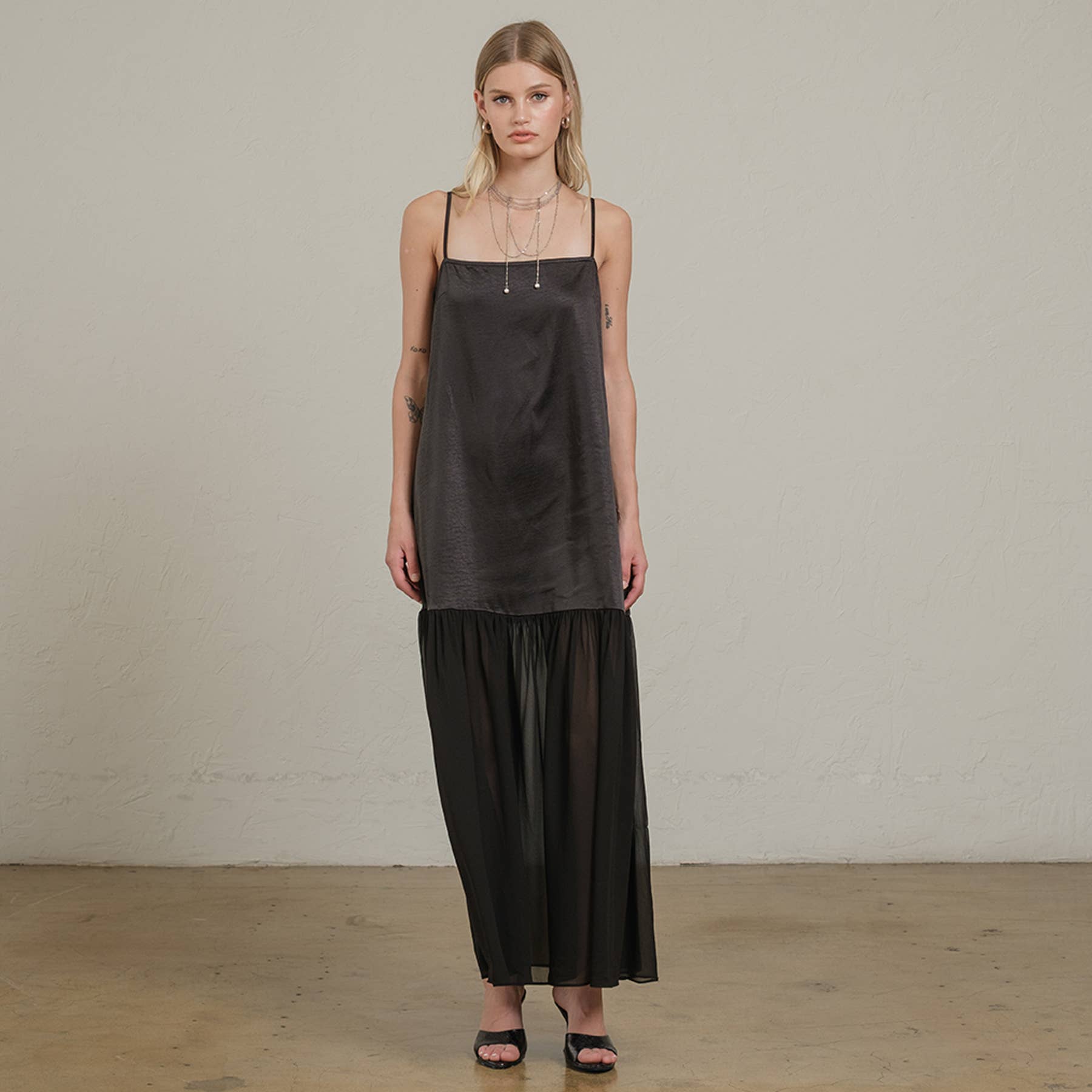 Satin Sheer Hem Maxi Slip Dress: Black el be goods Satin Sheer Hem Maxi Slip Dress: Black el be goods