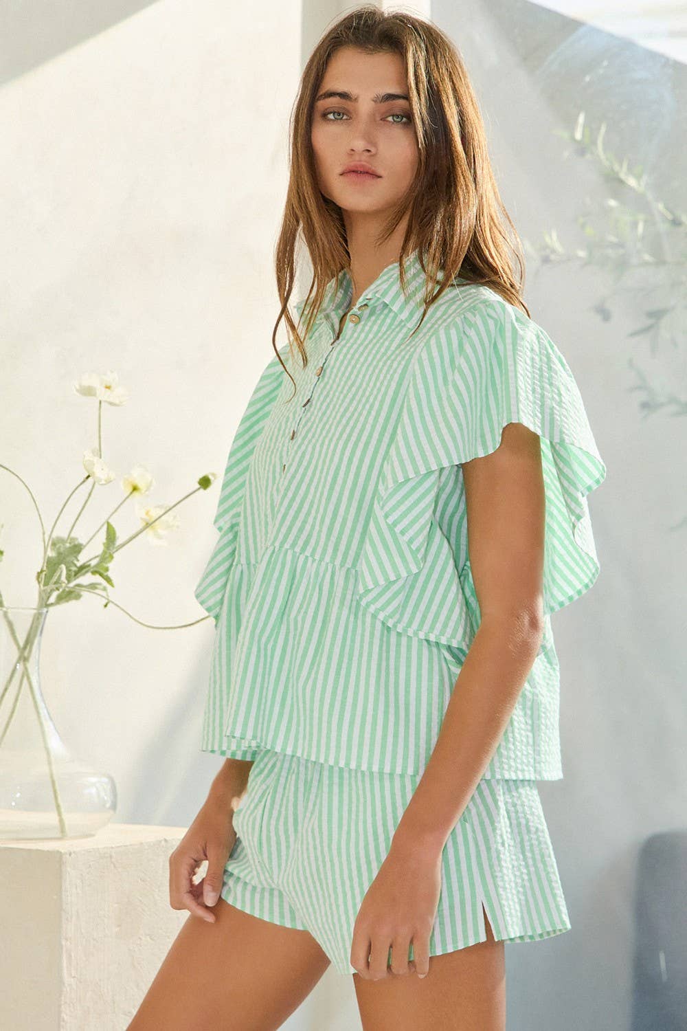 Ruffle Sleeves Pintuck Detail Striped Shirt Top - Green