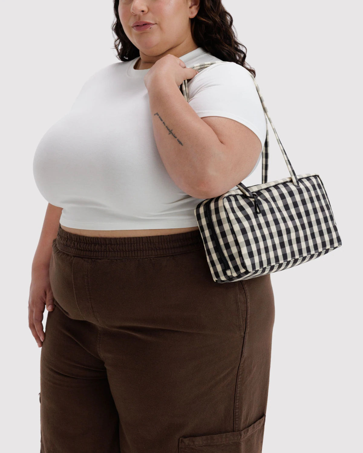 BAGGU Nylon Bowler Bag - Black and Cream Gingham