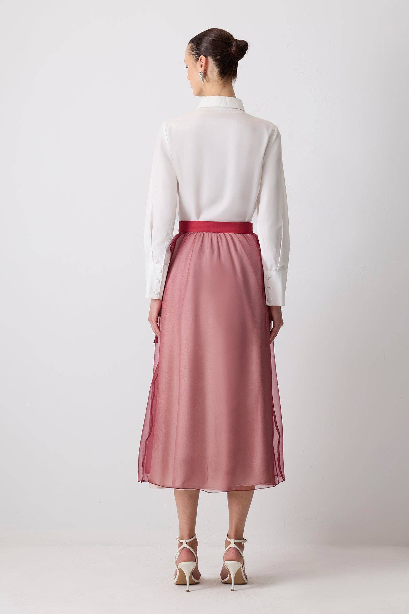 Sheer Organza Layered Statement Skirt with Utility Pockets: Burgundy
