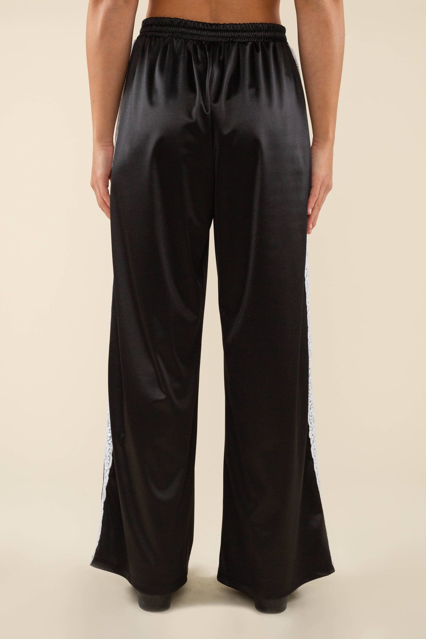 Nena Satin Lace Trim Track Pants: Black/Ivory