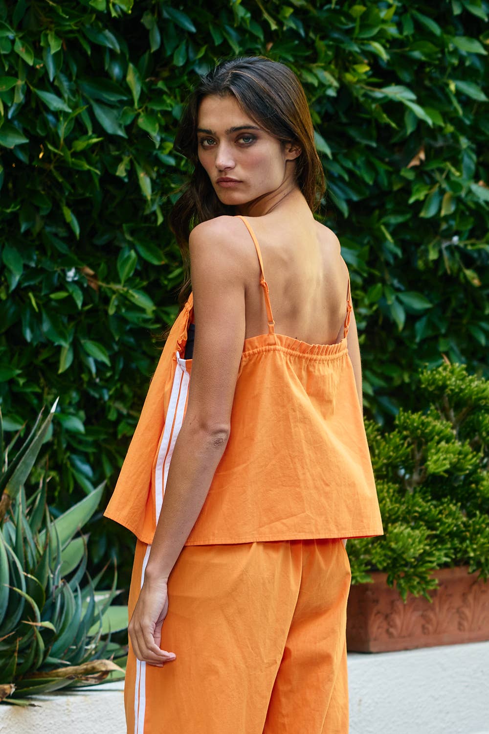 Cotton Camisole & Wide-Leg Pant Set: ORANGE/WHITE