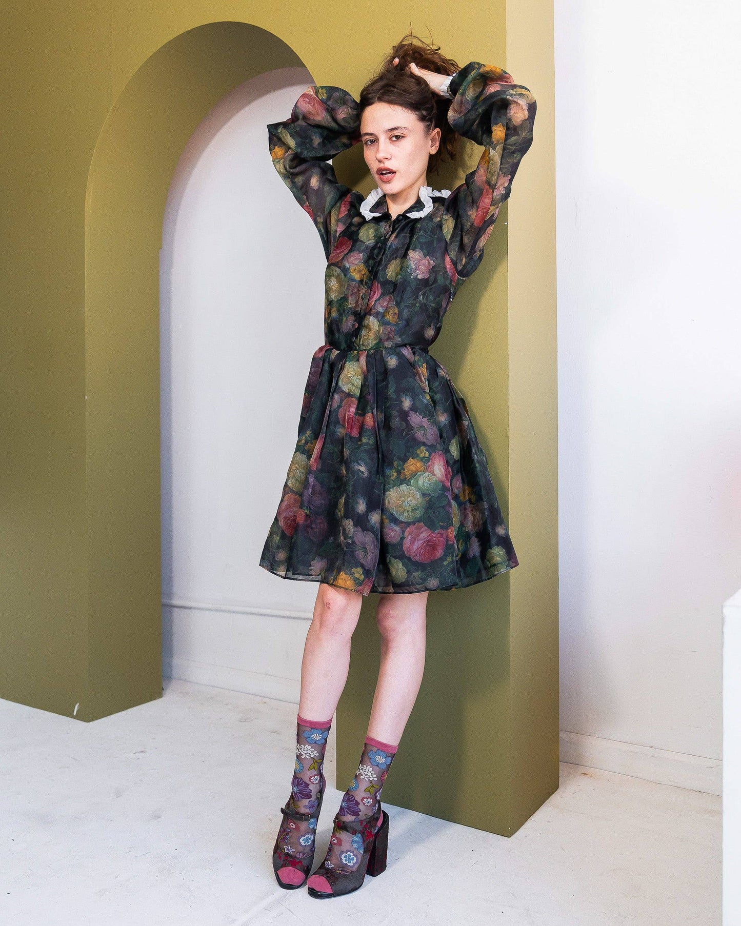 Dark Florals Black Sheer Crew Sock