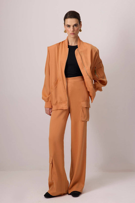 Satin Wide-Leg Statement Cargo Pants – High-Waist Relaxed: Orange