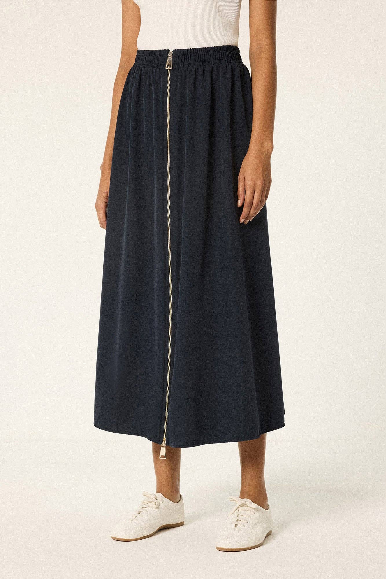 Front Zip Maxi Skirt – Elastic Waist A-Line Skirt: Navy Blue