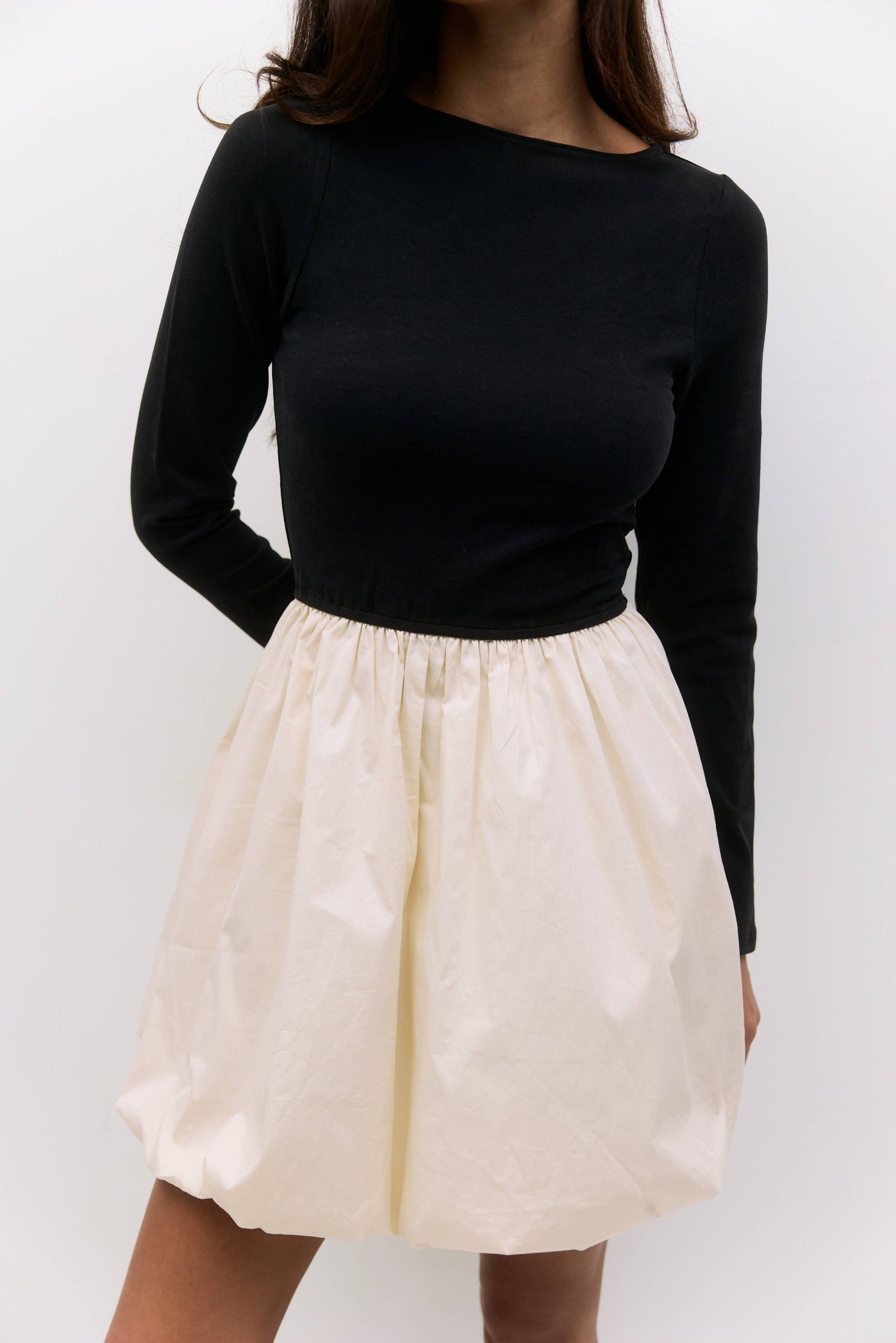 The Yasmin Dress | Long Sleeve Mini Bubble Dress: BLACK-CREAM