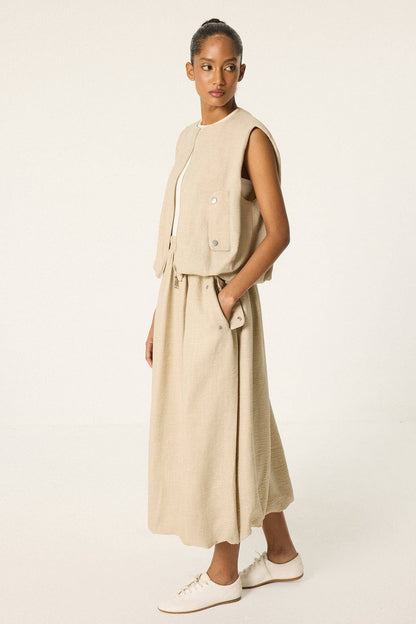 Zipper Front Vest & Maxi Skirt Set – Cotton Blend 2 Piece : Stone / M