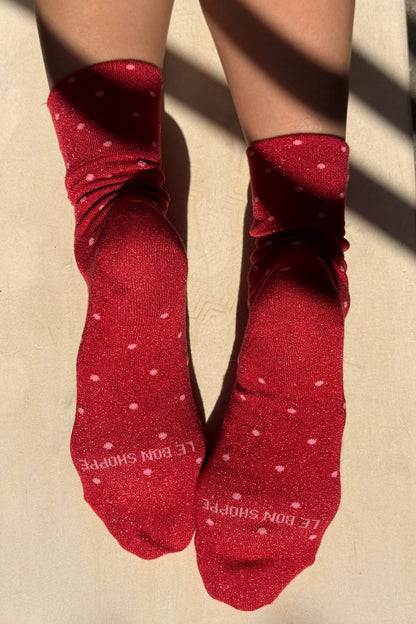 Le Bon Shoppe Lurex Patterned Sneaker Socks: Polka Dot - Red/Pink