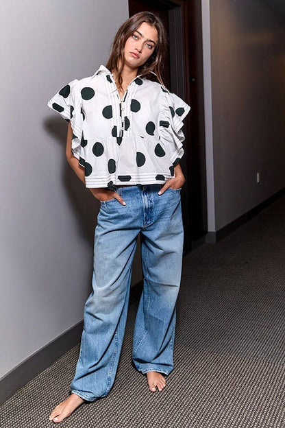 Ruffle Sleeves Pintuck Detail Polka Dot Print Top  TAUPE/NAVY