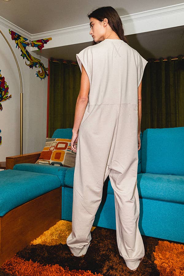 Sleeveless French Terry Jumpsuit in TAUPE