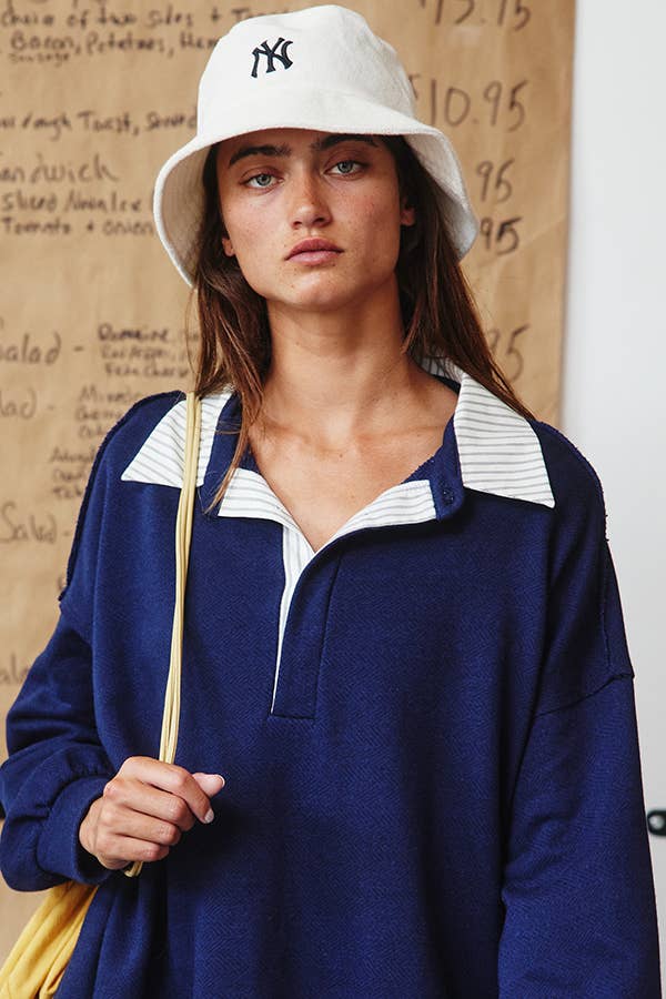 Collared Mini T-shirt Dress in Pinstripe Navy