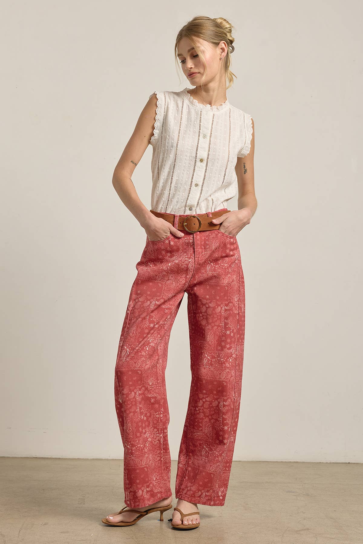 Washed Bandana Print Wide Leg Pants: BANDANA RED