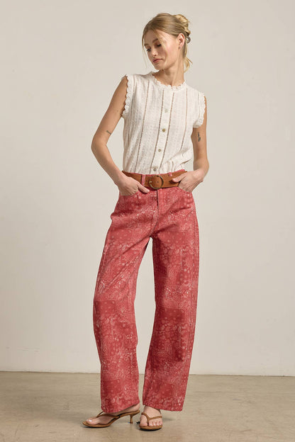 Washed Bandana Print Wide Leg Pants: BANDANA RED