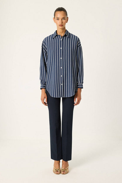 Striped Relaxed Poplin Shirt: Navy Blue / S