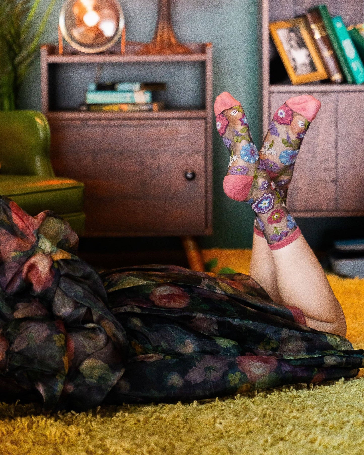 Dark Florals Black Sheer Crew Sock
