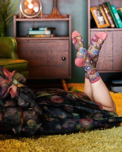 Dark Florals Black Sheer Crew Sock