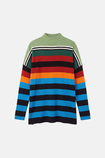Multicolor Striped Ribbed Mock Neck Sweater