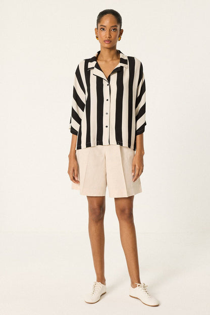 Relaxed Stripe Cotton Shirt – Oversized Minimalist Button-Up: Black