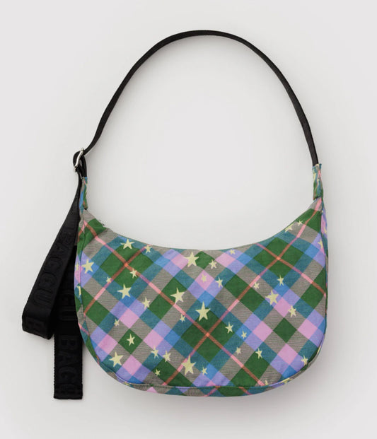 BAGGU Medium Nylon Crescent Bag - Green Star Plaid