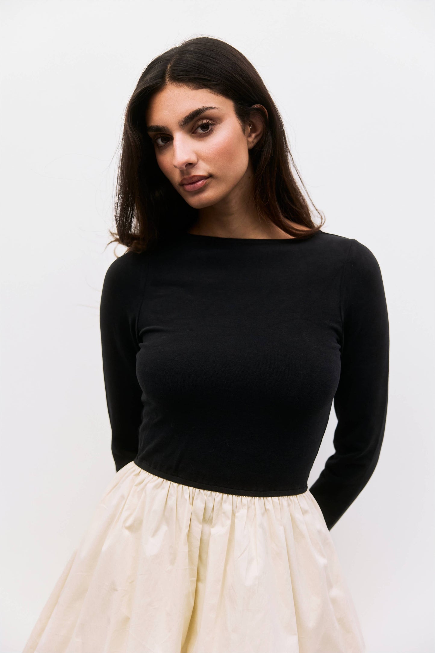 The Yasmin Dress | Long Sleeve Mini Bubble Dress: BLACK-CREAM