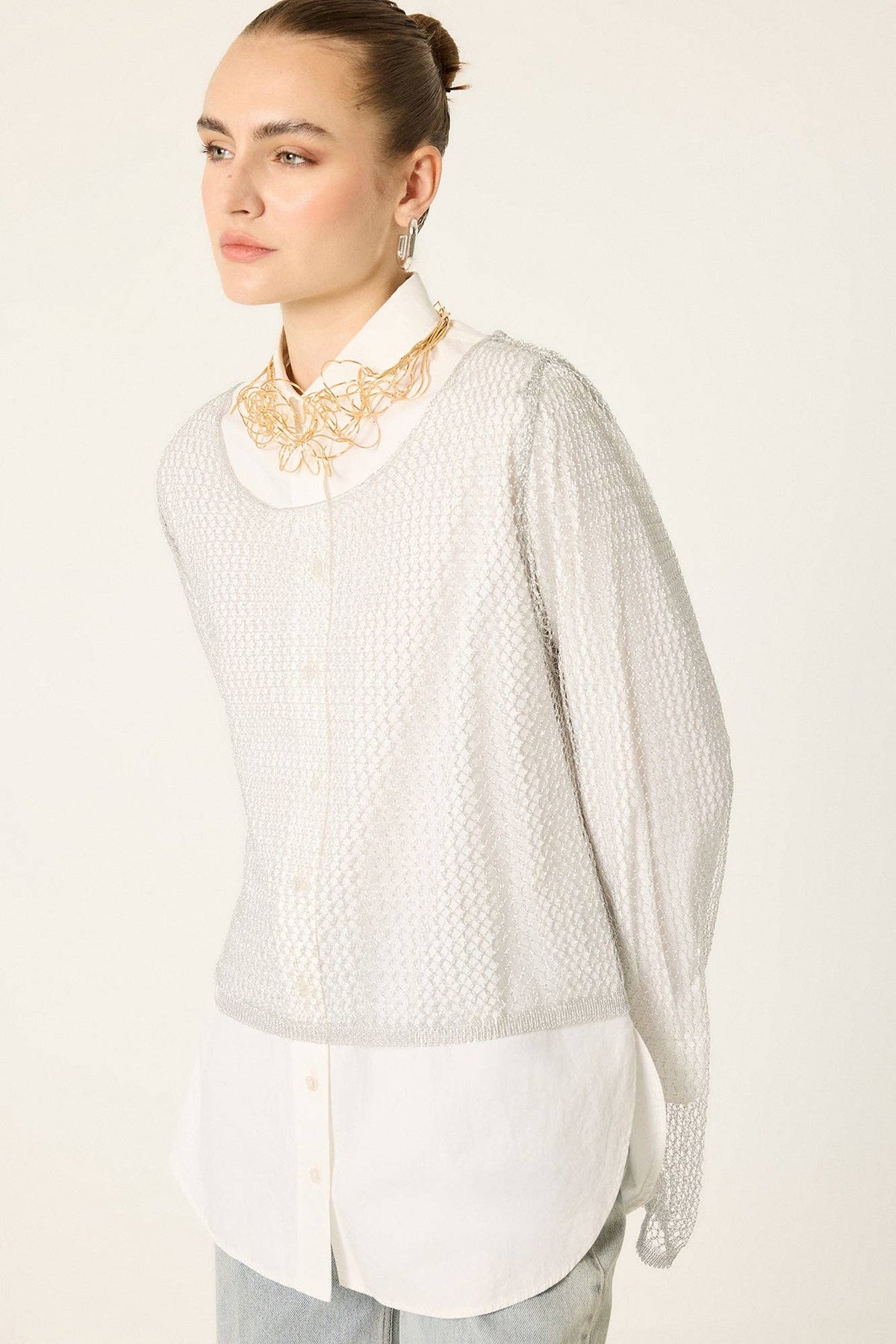 Openwork Knit Lace Blouse - Silver