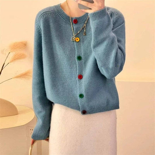 Multicolor Button Short Cardigan - BLUE