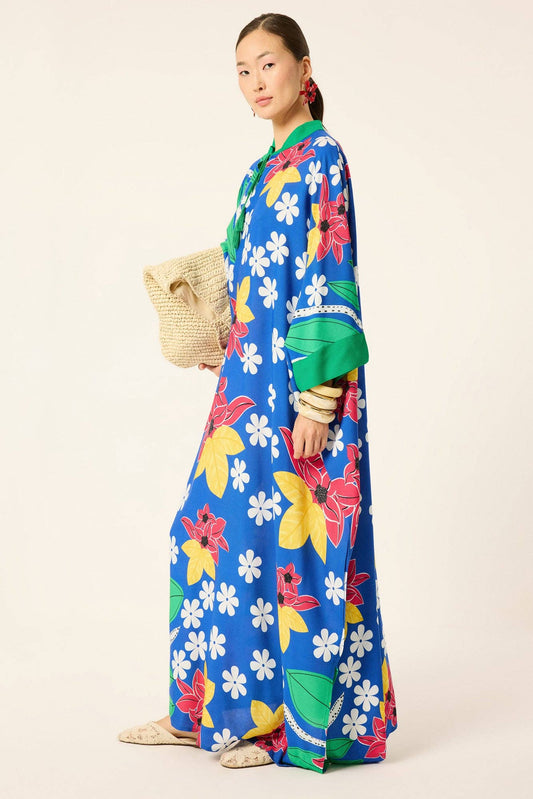 Lola - Tropical Floral Print Viscose Maxi Dress: Navy Blue / One Size