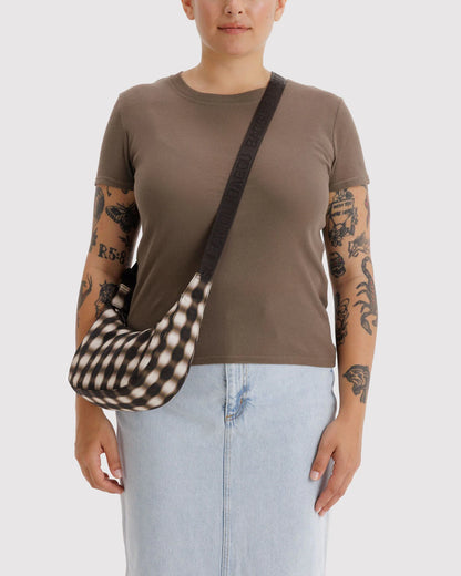 BAGGU Small Nylon Crescent Bag - Blurred Gingham Brown