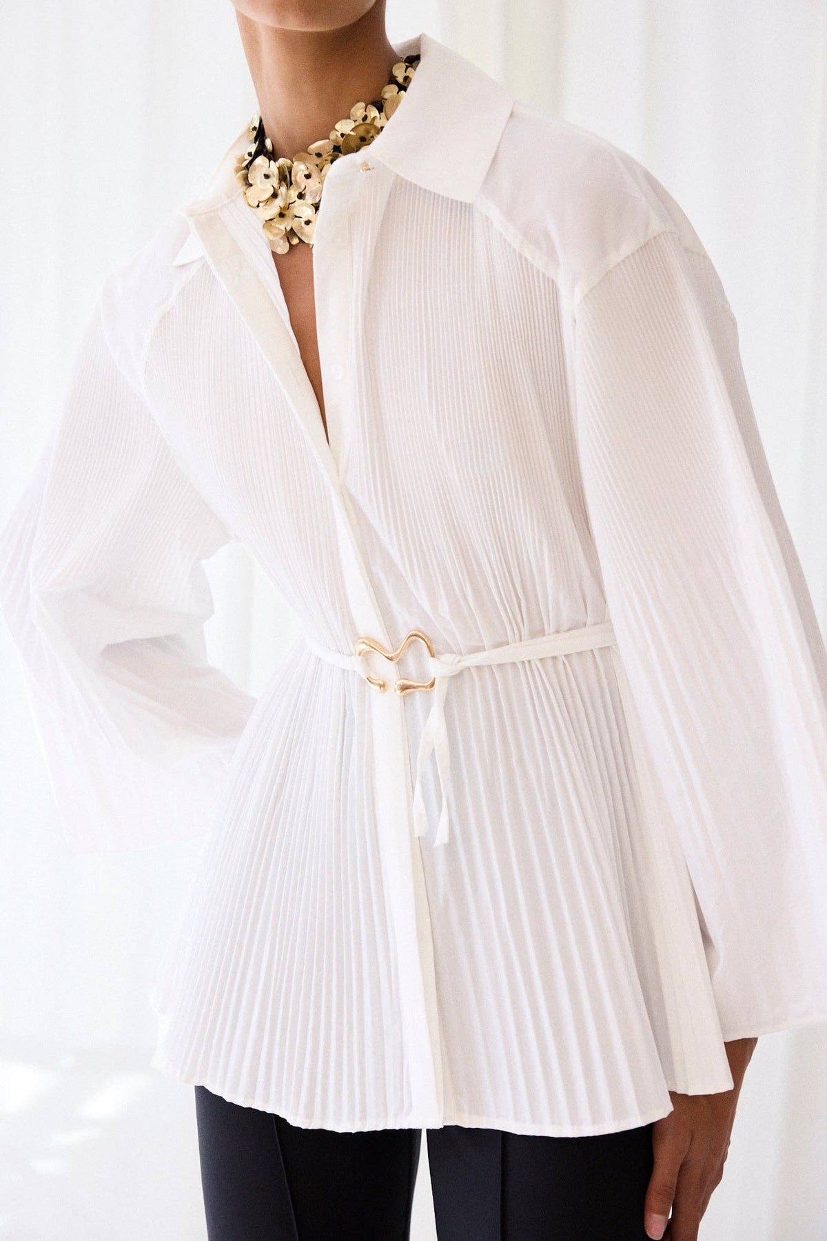 Pleated Belted Cotton Blend Longline Shirt: Ecru / Standart