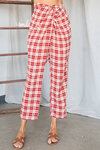 Plaid Print Twist Waist Pants