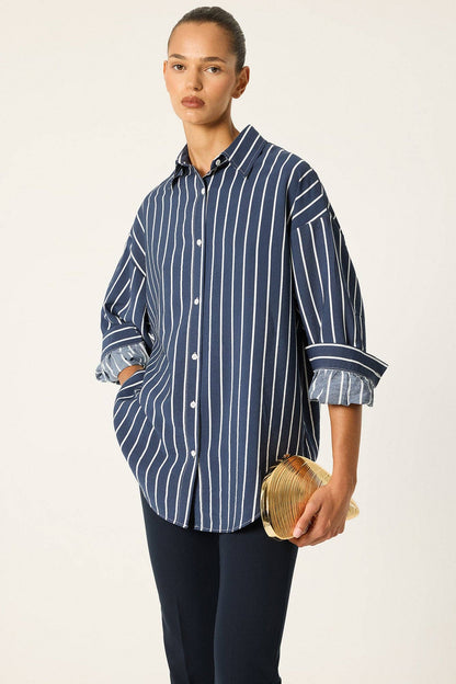 Striped Relaxed Poplin Shirt: Navy Blue / S