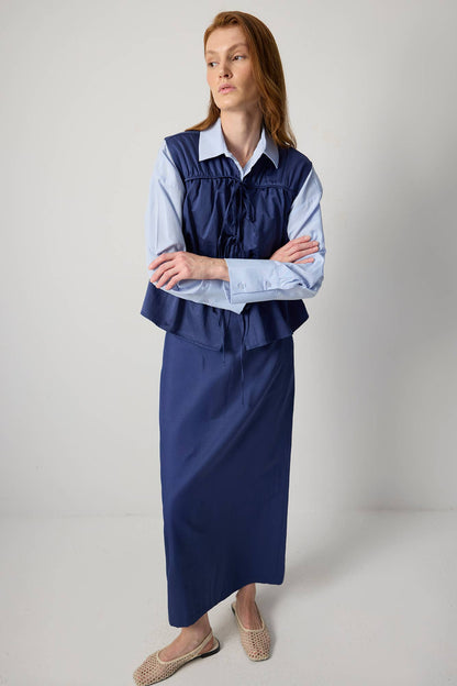 Drawstring Waist Utility Vest – Relaxed Cotton Blend Top: Navy Blue