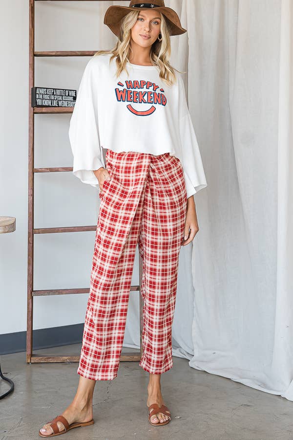 Plaid Print Twist Waist Pants