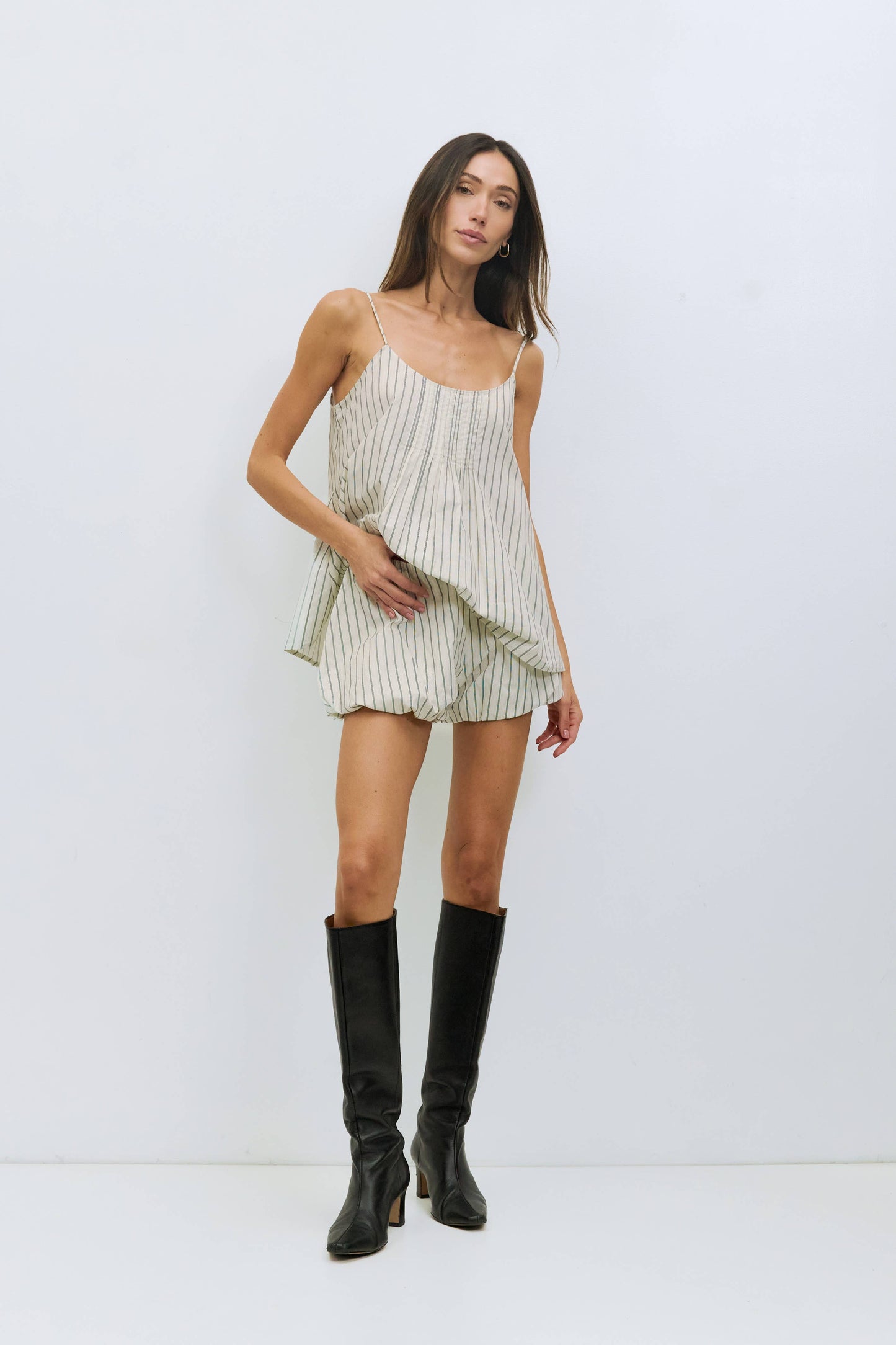 The Harper Shorts | Striped Poplin Bubble Shorts: BONE-BLACK