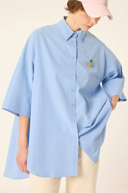 Toby: Oversized Poplin Shirt with Embroidered Detail: Blue / One Size