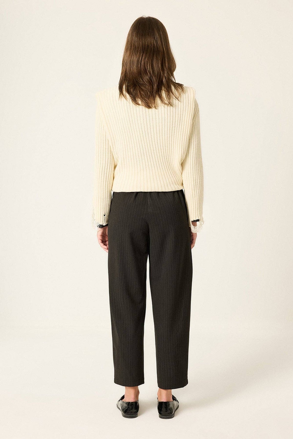 Carrot-Cut Pants with Pencil-Striped Legs: Brown / S