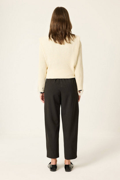 Carrot-Cut Pants with Pencil-Striped Legs: Brown / S