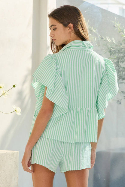 Ruffle Sleeves Pintuck Detail Striped Shirt Top - Green
