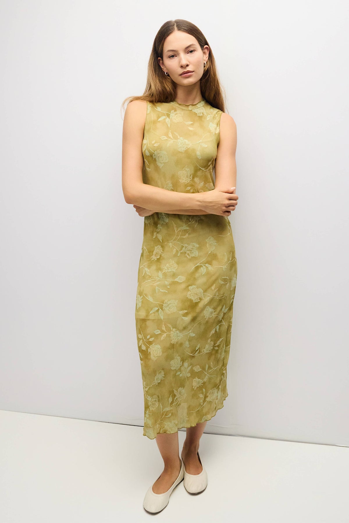 The Zoe Dress | Midi Dress Floral Dress with Mock Neck: Chartreuse