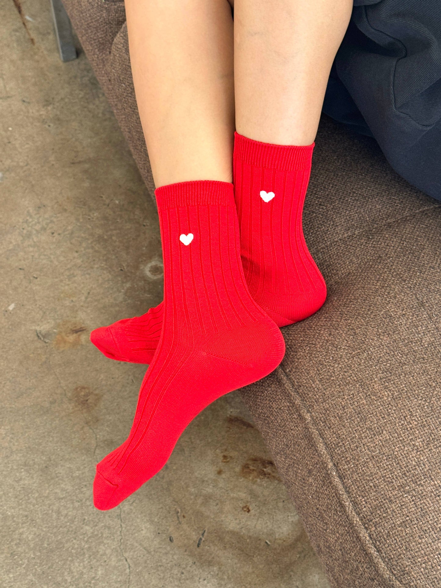 Embroidered Her Socks - Mercerized Combed Cotton Rib: Classic Red + Heart