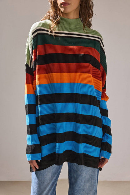 Multicolor Striped Ribbed Mock Neck Sweater