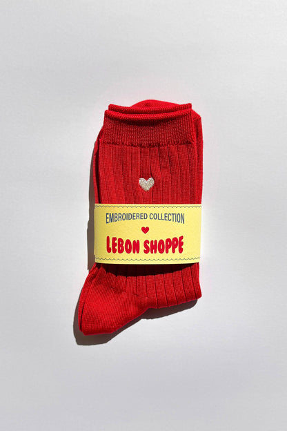 Embroidered Her Socks - Mercerized Combed Cotton Rib: Classic Red + Heart