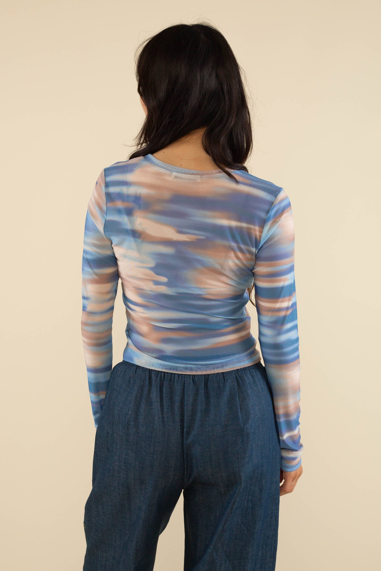 Ramona Long Sleeve Mesh Shirt: Blue/Beige/Brown