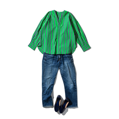 Cotton V-Neck Stripe Shirt: Green / Medium